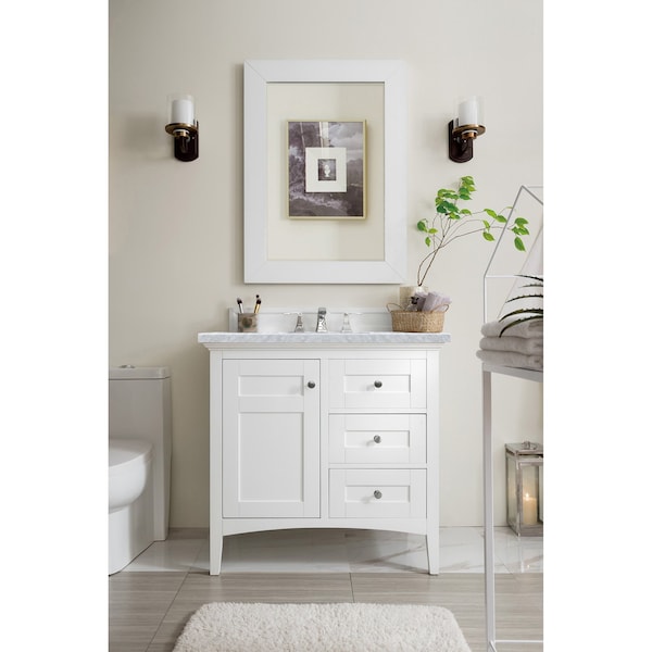 James Martin Vanities Palisades 36in Single Vanity, Bright White w/ 3 CM Carrara Marble Top 527-V36-BW-3CAR - main